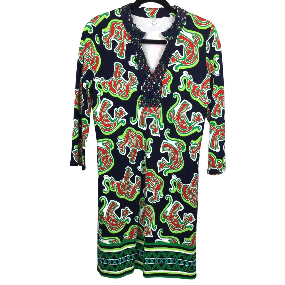 Crown and Ivy Maximalist Whimsical Novelty Split Neck 3/4 Sleeve Shift Dress XS